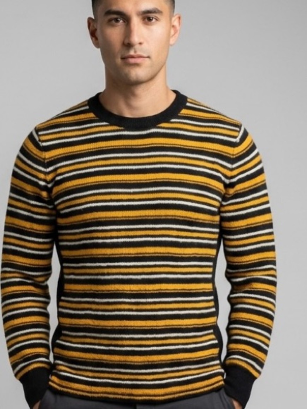 Ovadia & Sons Crewneck Sweater Yellow Mustard, Black & White Stripes Men S